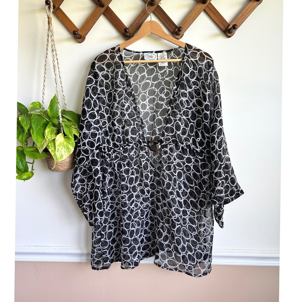 Sand N Sun Women XL Black White Circle‎ Print Sheer Swim Cover Up SS36C2831